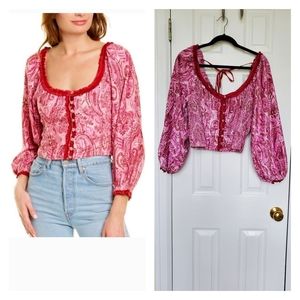 Free People Retro Combo Pink & Red Paisley Velvety top